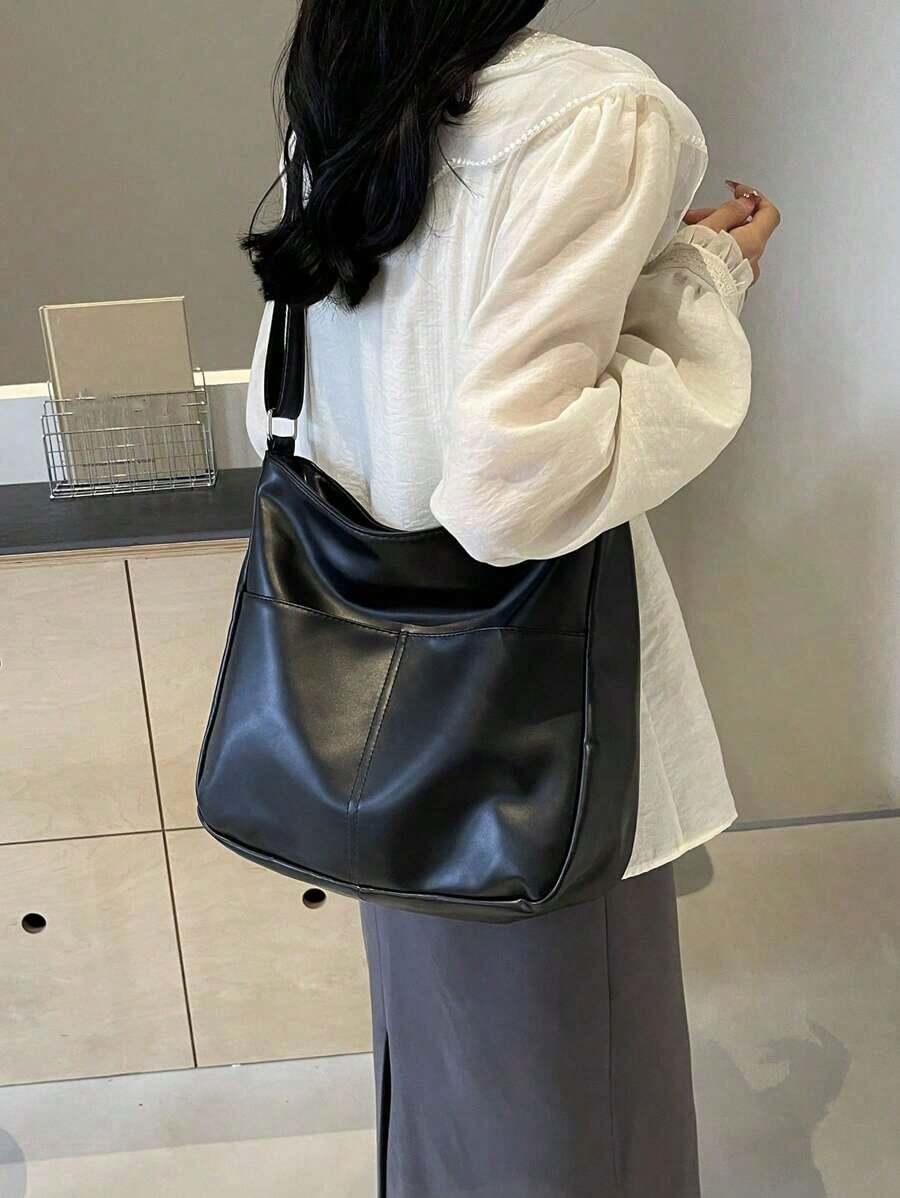 Women's Soft Black Faux Leather Large Hobo Tote Bag, Adjustable Crossbody Strap With Cute Doll Charm For Work Shopping Travel