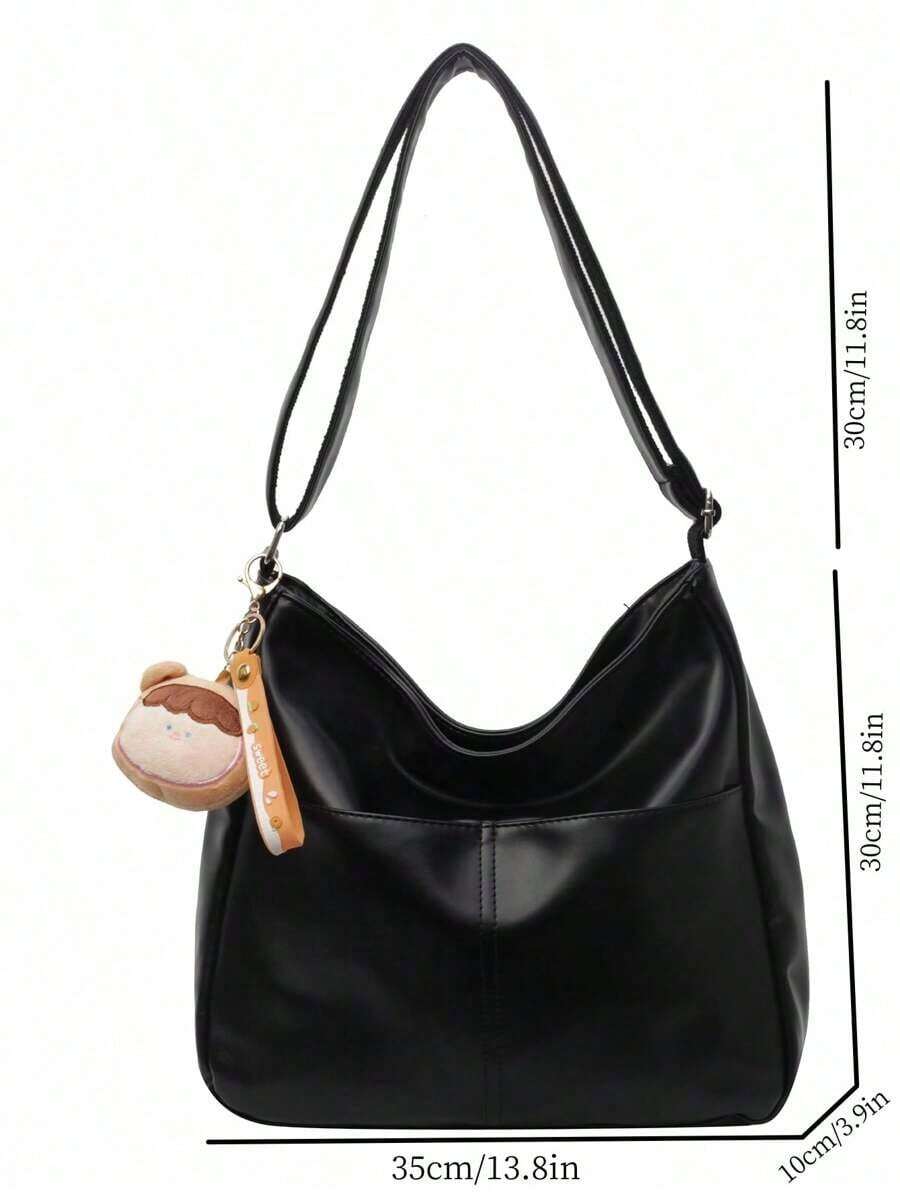 Women's Soft Black Faux Leather Large Hobo Tote Bag, Adjustable Crossbody Strap With Cute Doll Charm For Work Shopping Travel