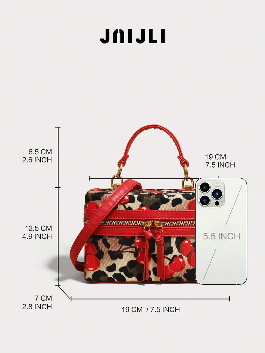 JNIJLI Cute Leopard & Cherry Print Double-Zip Box Tote Bag For Women- Ins Style Fashion Handbag, Stylish Tassel-Accent Shoulder Crossbody