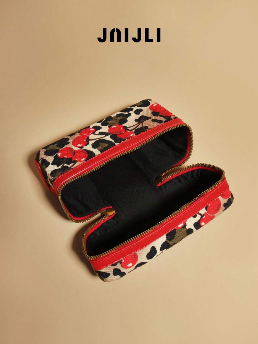 JNIJLI Cute Leopard & Cherry Print Double-Zip Box Tote Bag For Women- Ins Style Fashion Handbag, Stylish Tassel-Accent Shoulder Crossbody