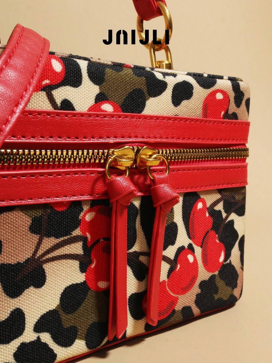 JNIJLI Cute Leopard & Cherry Print Double-Zip Box Tote Bag For Women- Ins Style Fashion Handbag, Stylish Tassel-Accent Shoulder Crossbody