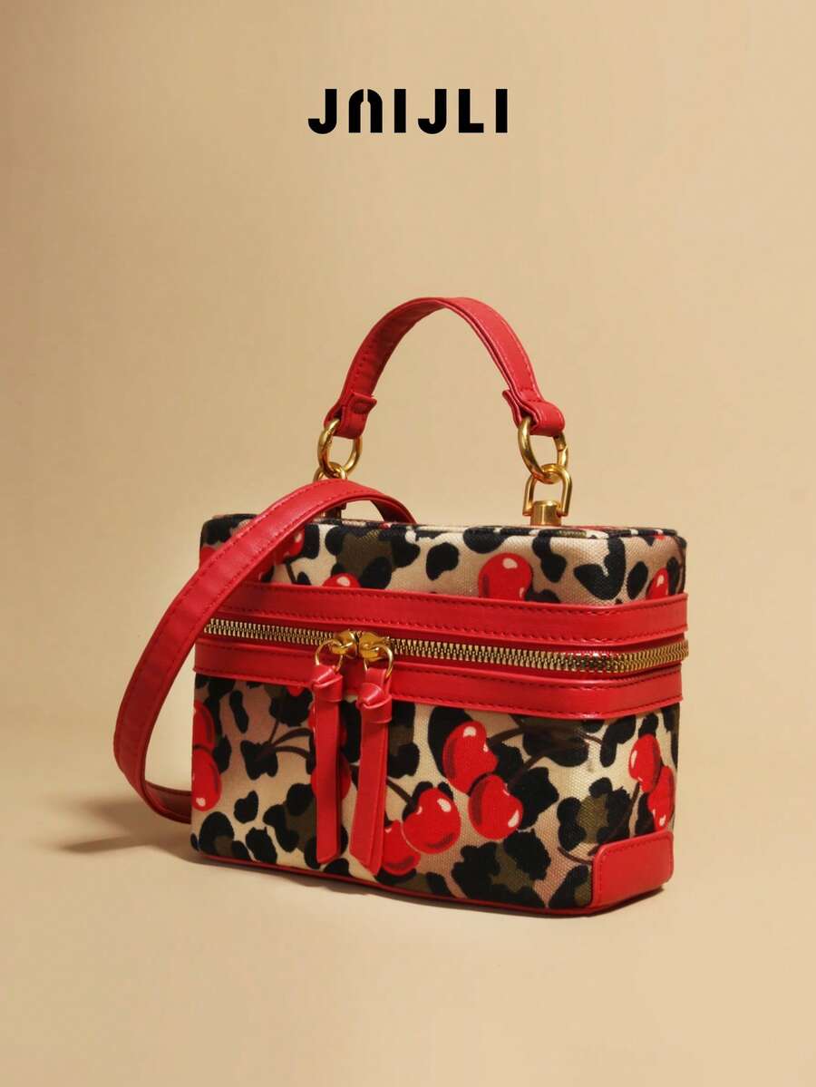 JNIJLI Cute Leopard & Cherry Print Double-Zip Box Tote Bag For Women- Ins Style Fashion Handbag, Stylish Tassel-Accent Shoulder Crossbody