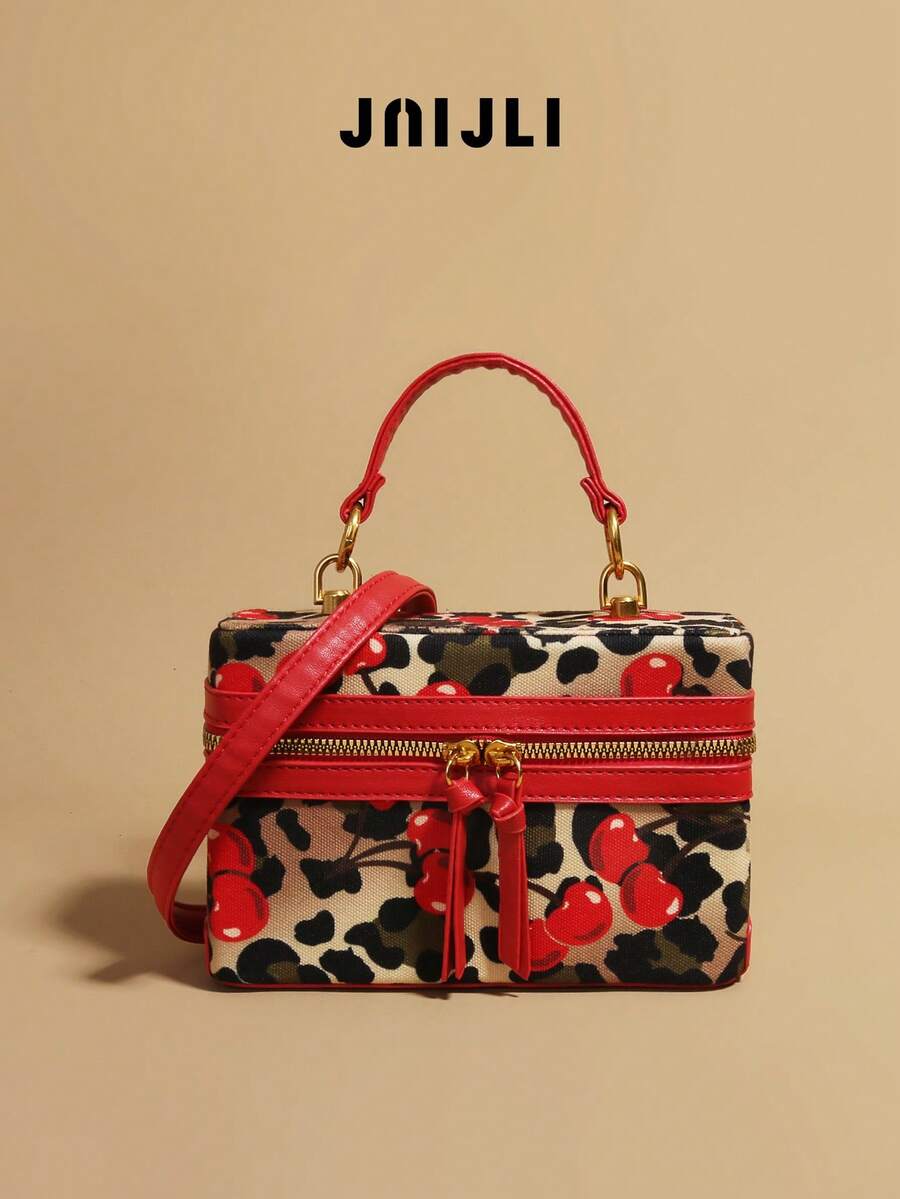 JNIJLI Cute Leopard & Cherry Print Double-Zip Box Tote Bag For Women- Ins Style Fashion Handbag, Stylish Tassel-Accent Shoulder Crossbody