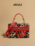 JNIJLI Cute Leopard & Cherry Print Double-Zip Box Tote Bag For Women- Ins Style Fashion Handbag, Stylish Tassel-Accent Shoulder Crossbody