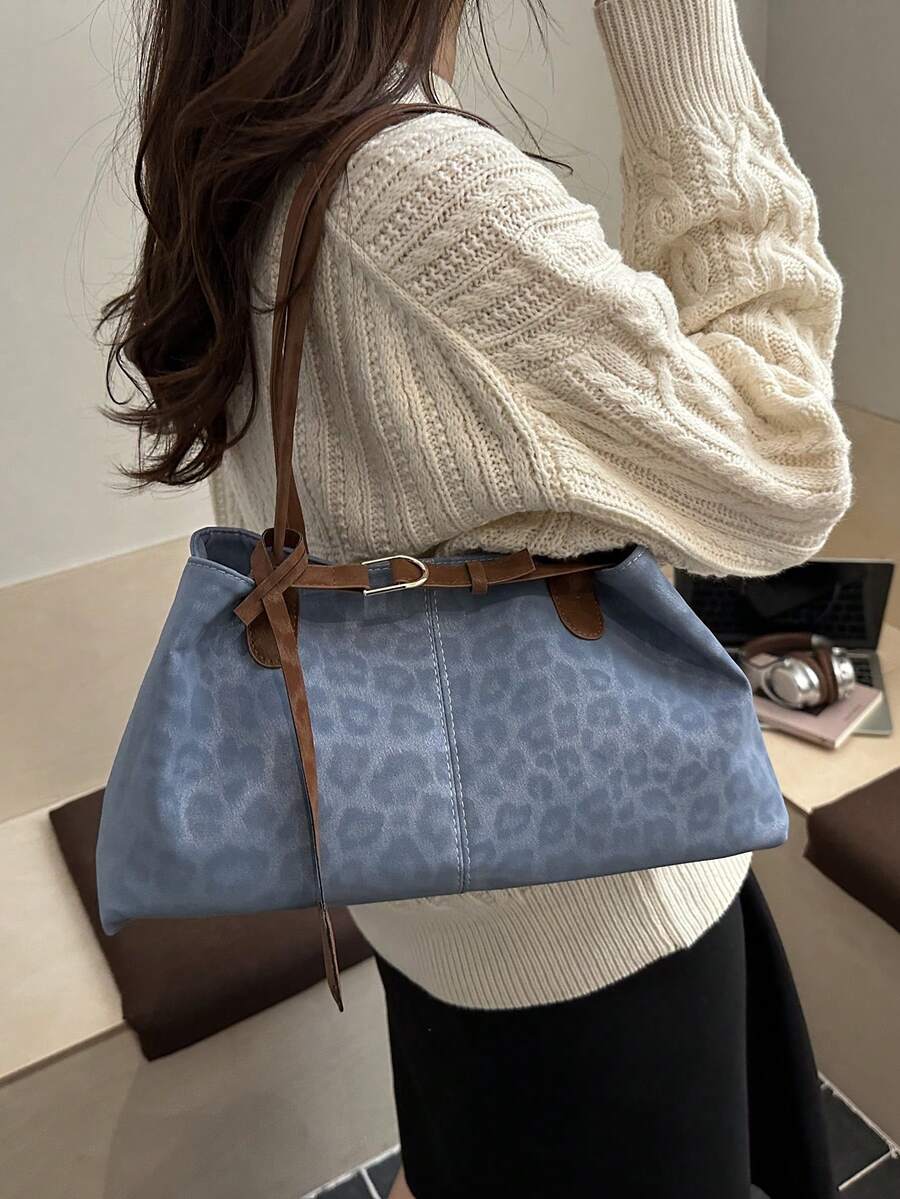 New Leopard Print Belt, Minimalist & Fashionable For Commuting, Oversized Retro Underarm Tote Bag, European And American Style