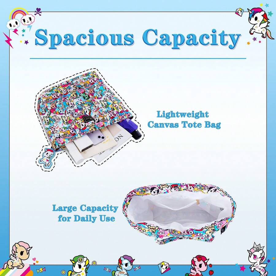 Official Tokidoki Tote Bag With Unicorno Keychain, Cartoon Canvas Bag Handbag Large Capacity Shoulder Bag For Women Girls