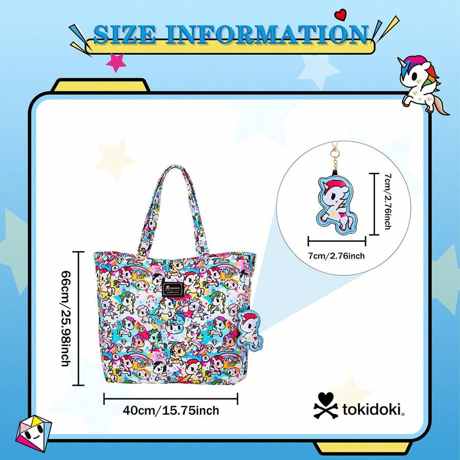Official Tokidoki Tote Bag With Unicorno Keychain, Cartoon Canvas Bag Handbag Large Capacity Shoulder Bag For Women Girls