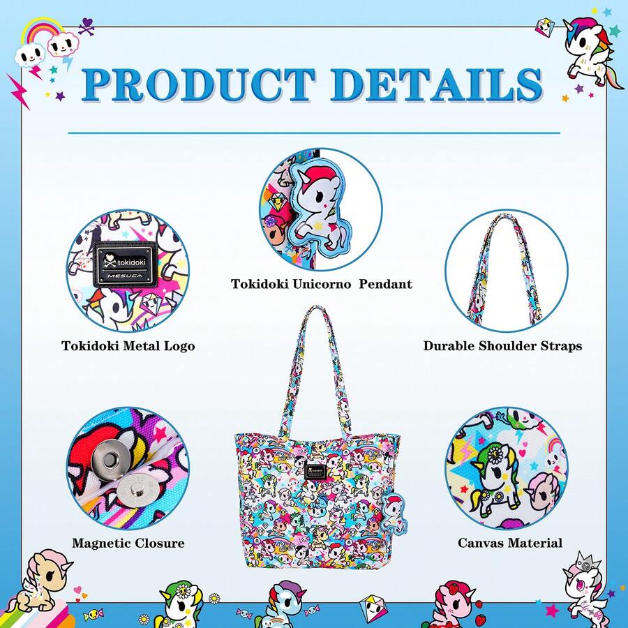 Official Tokidoki Tote Bag With Unicorno Keychain, Cartoon Canvas Bag Handbag Large Capacity Shoulder Bag For Women Girls