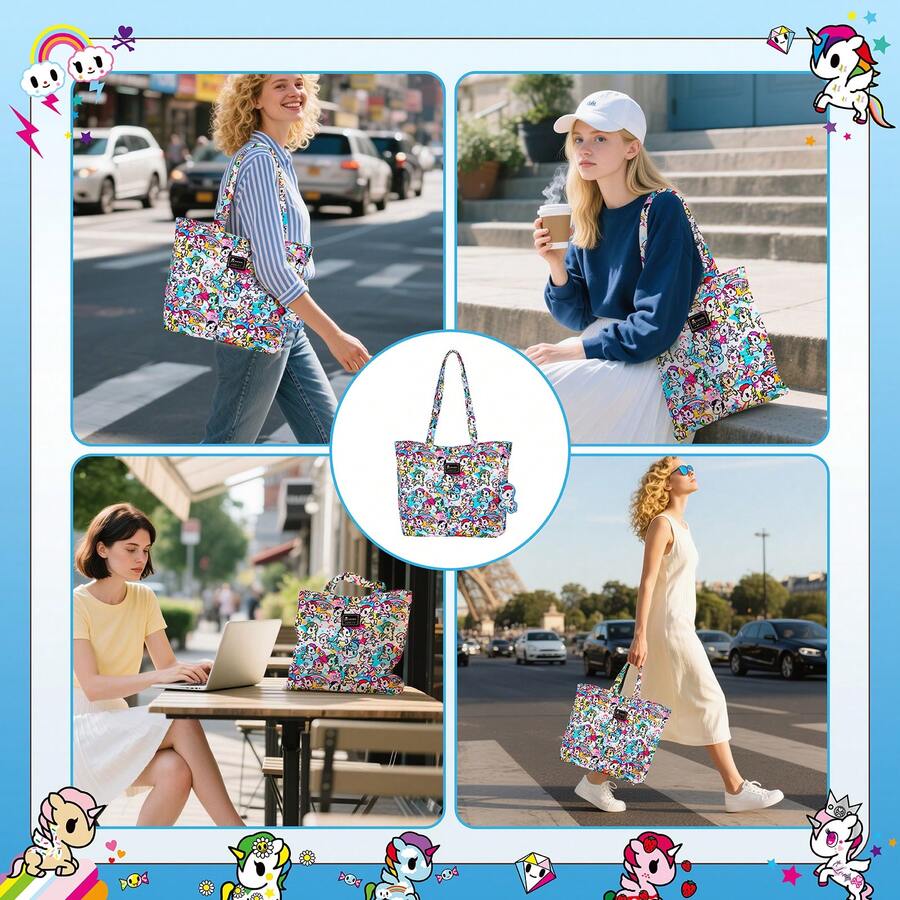 Official Tokidoki Tote Bag With Unicorno Keychain, Cartoon Canvas Bag Handbag Large Capacity Shoulder Bag For Women Girls