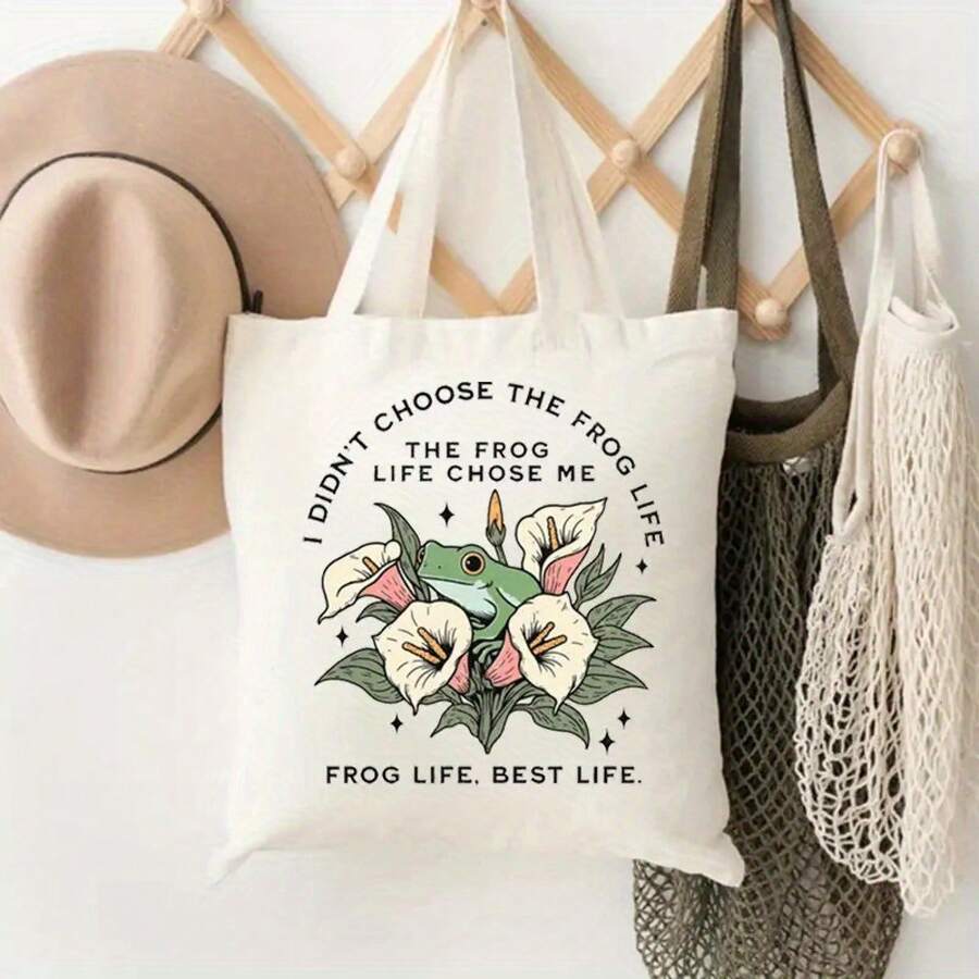Women'S Floral Frog Print Tote Bag- Durable Synthetic Canvas, Machine Washable, Open Top Design For Casual Everyday Use & Beach Outings, Stylish Accessory| Casual Chic Tote| Sturdy Handles
