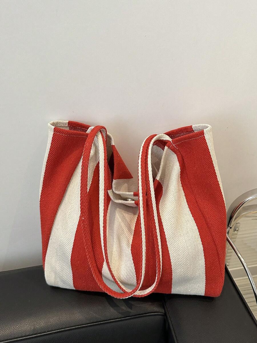 Fashionable Retro Striped Canvas Tote Bag, Large Capacity, Versatile Use, Ideal For Work, School Or Outdoor Activities, Can Be Used As Bookbag, Canvas Bag Or Beach Bag, Summer Outfits