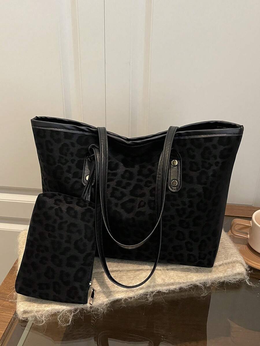 2pcs Large Capacity Leopard Print Faux Leather Tote Bag, With Dual Handles, Ideal For Commuting, Work Or School.,Business Professional Women