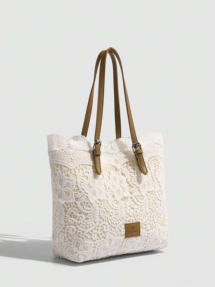 White Lace Tote Bag For Women, Minimalist Shoulder Small Handbag, Sweet Style Casual Travel Lace Shopping Bag, Woven Pattern Design, Hollow Lace, French Retro Style, Suitable For Professional Women