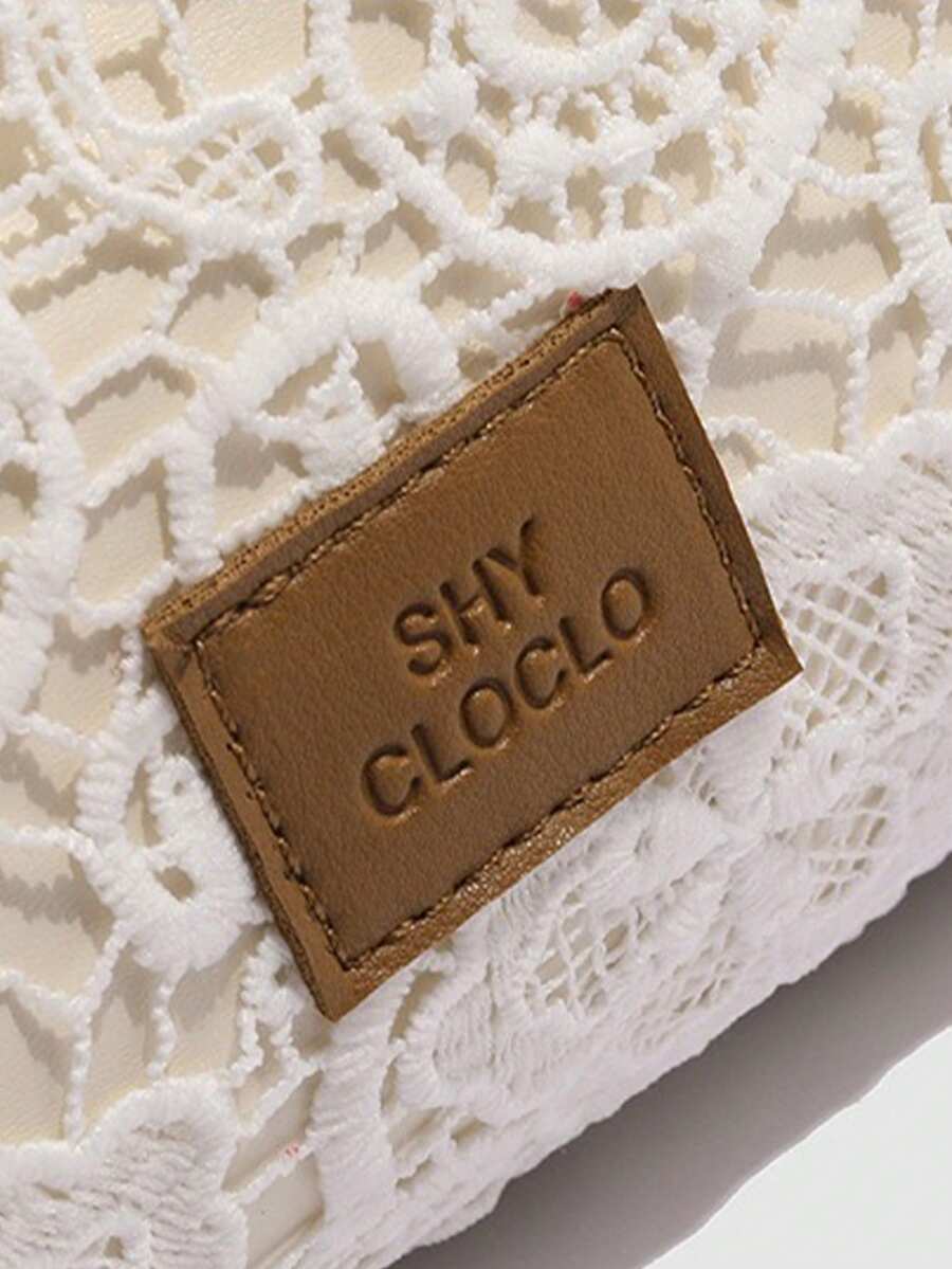 White Lace Tote Bag For Women, Minimalist Shoulder Small Handbag, Sweet Style Casual Travel Lace Shopping Bag, Woven Pattern Design, Hollow Lace, French Retro Style, Suitable For Professional Women