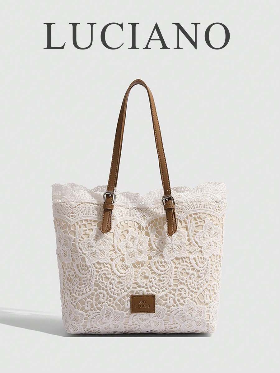 White Lace Tote Bag For Women, Minimalist Shoulder Small Handbag, Sweet Style Casual Travel Lace Shopping Bag, Woven Pattern Design, Hollow Lace, French Retro Style, Suitable For Professional Women
