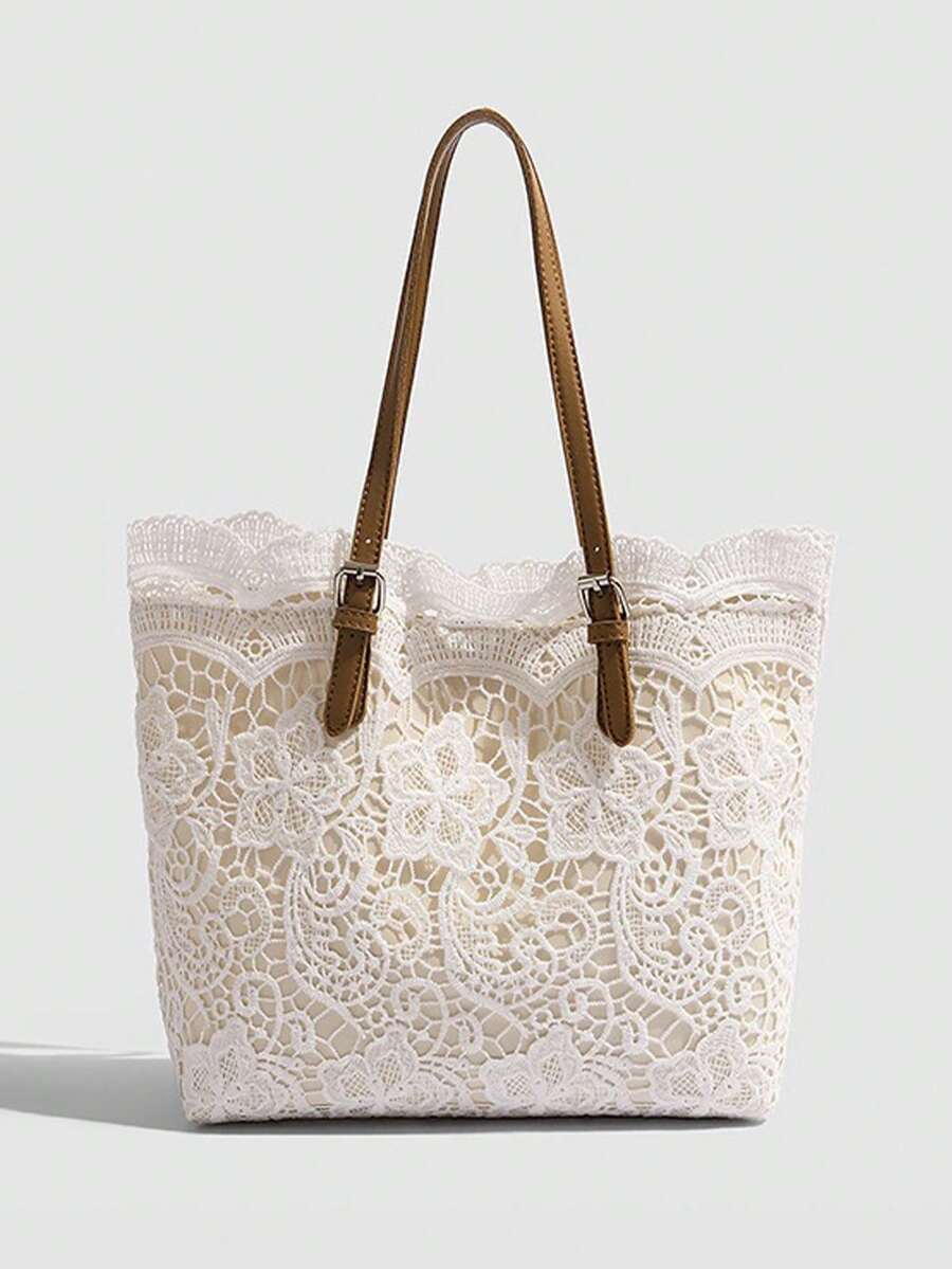 White Lace Tote Bag For Women, Minimalist Shoulder Small Handbag, Sweet Style Casual Travel Lace Shopping Bag, Woven Pattern Design, Hollow Lace, French Retro Style, Suitable For Professional Women