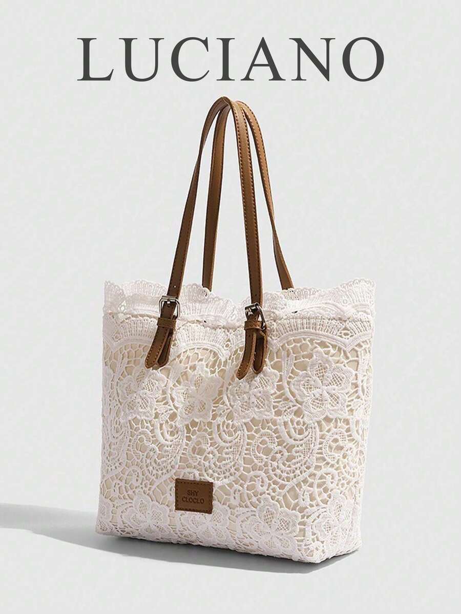 White Lace Tote Bag For Women, Minimalist Shoulder Small Handbag, Sweet Style Casual Travel Lace Shopping Bag, Woven Pattern Design, Hollow Lace, French Retro Style, Suitable For Professional Women