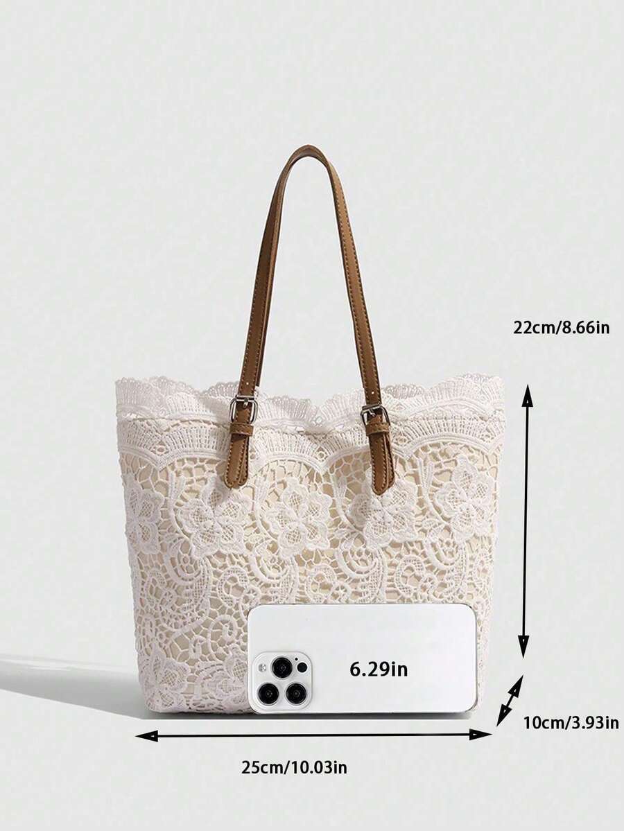 White Lace Tote Bag For Women, Minimalist Shoulder Small Handbag, Sweet Style Casual Travel Lace Shopping Bag, Woven Pattern Design, Hollow Lace, French Retro Style, Suitable For Professional Women
