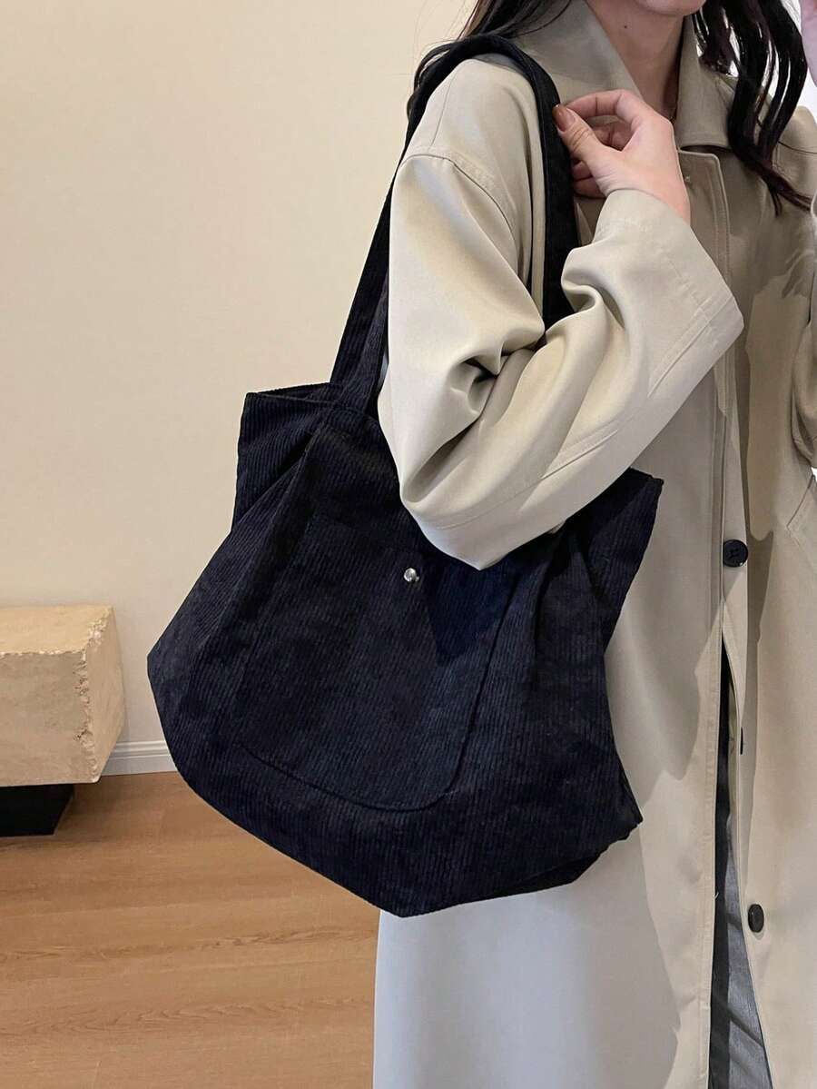 1Pc Corduroy Material Tote Bag,Women High-Capacity Handbag,Solid Color Soft Tote Bag Women's Shoulder Handbag Everyday Casual Versatile Large Capacity Commuter Bag For Daily Commute,Shopping,For S