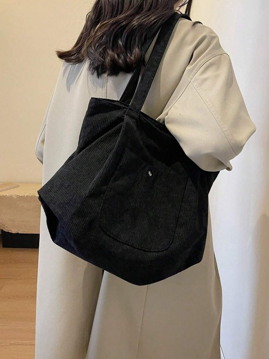 1Pc Corduroy Material Tote Bag,Women High-Capacity Handbag,Solid Color Soft Tote Bag Women's Shoulder Handbag Everyday Casual Versatile Large Capacity Commuter Bag For Daily Commute,Shopping,For S