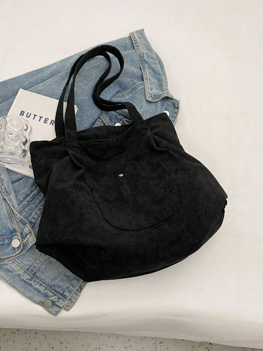 1Pc Corduroy Material Tote Bag,Women High-Capacity Handbag,Solid Color Soft Tote Bag Women's Shoulder Handbag Everyday Casual Versatile Large Capacity Commuter Bag For Daily Commute,Shopping,For S