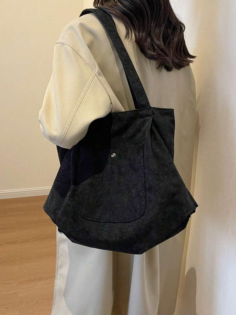 1Pc Corduroy Material Tote Bag,Women High-Capacity Handbag,Solid Color Soft Tote Bag Women's Shoulder Handbag Everyday Casual Versatile Large Capacity Commuter Bag For Daily Commute,Shopping,For S