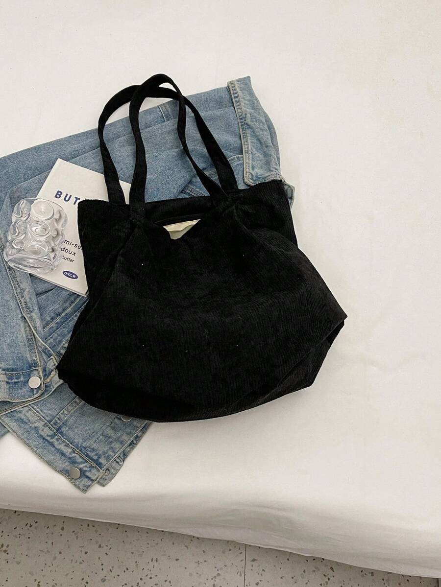 1Pc Corduroy Material Tote Bag,Women High-Capacity Handbag,Solid Color Soft Tote Bag Women's Shoulder Handbag Everyday Casual Versatile Large Capacity Commuter Bag For Daily Commute,Shopping,For S
