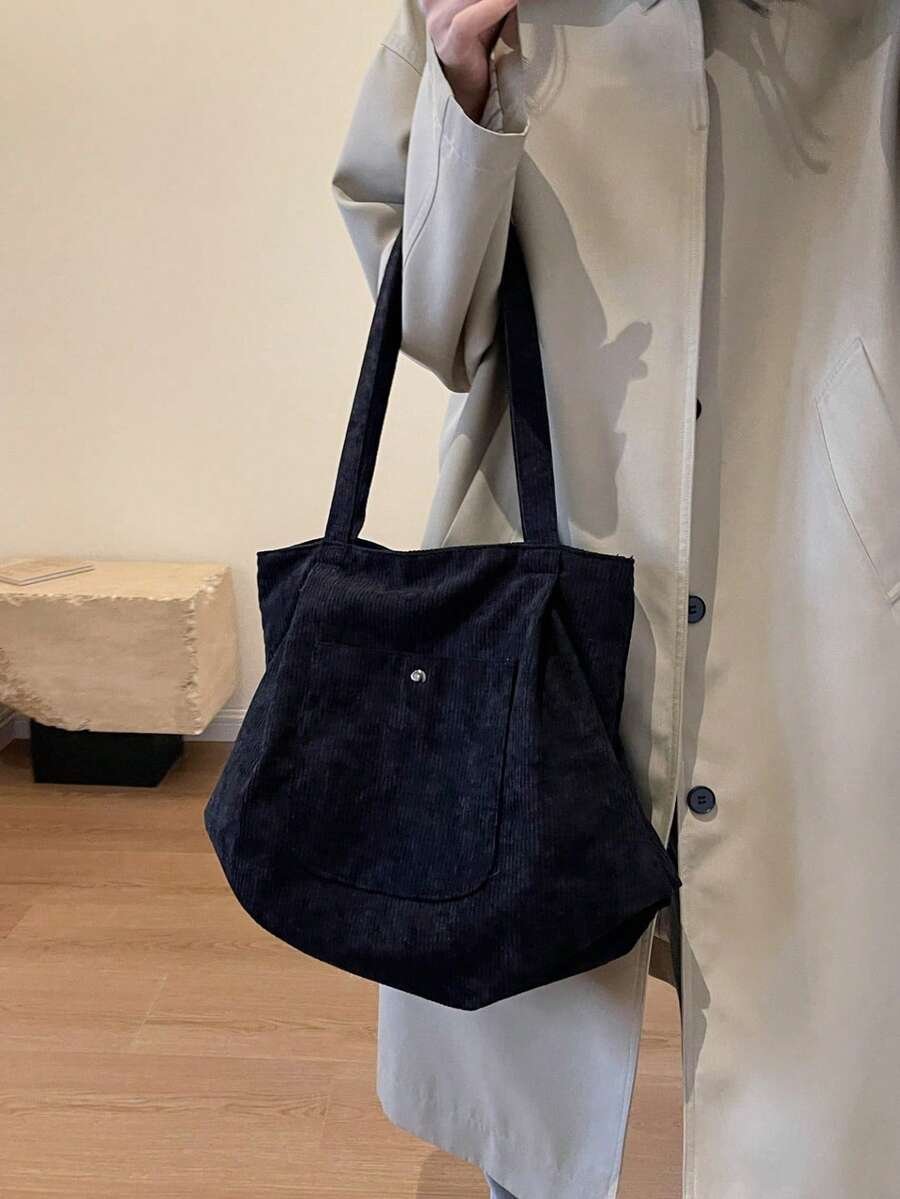 1Pc Corduroy Material Tote Bag,Women High-Capacity Handbag,Solid Color Soft Tote Bag Women's Shoulder Handbag Everyday Casual Versatile Large Capacity Commuter Bag For Daily Commute,Shopping,For S