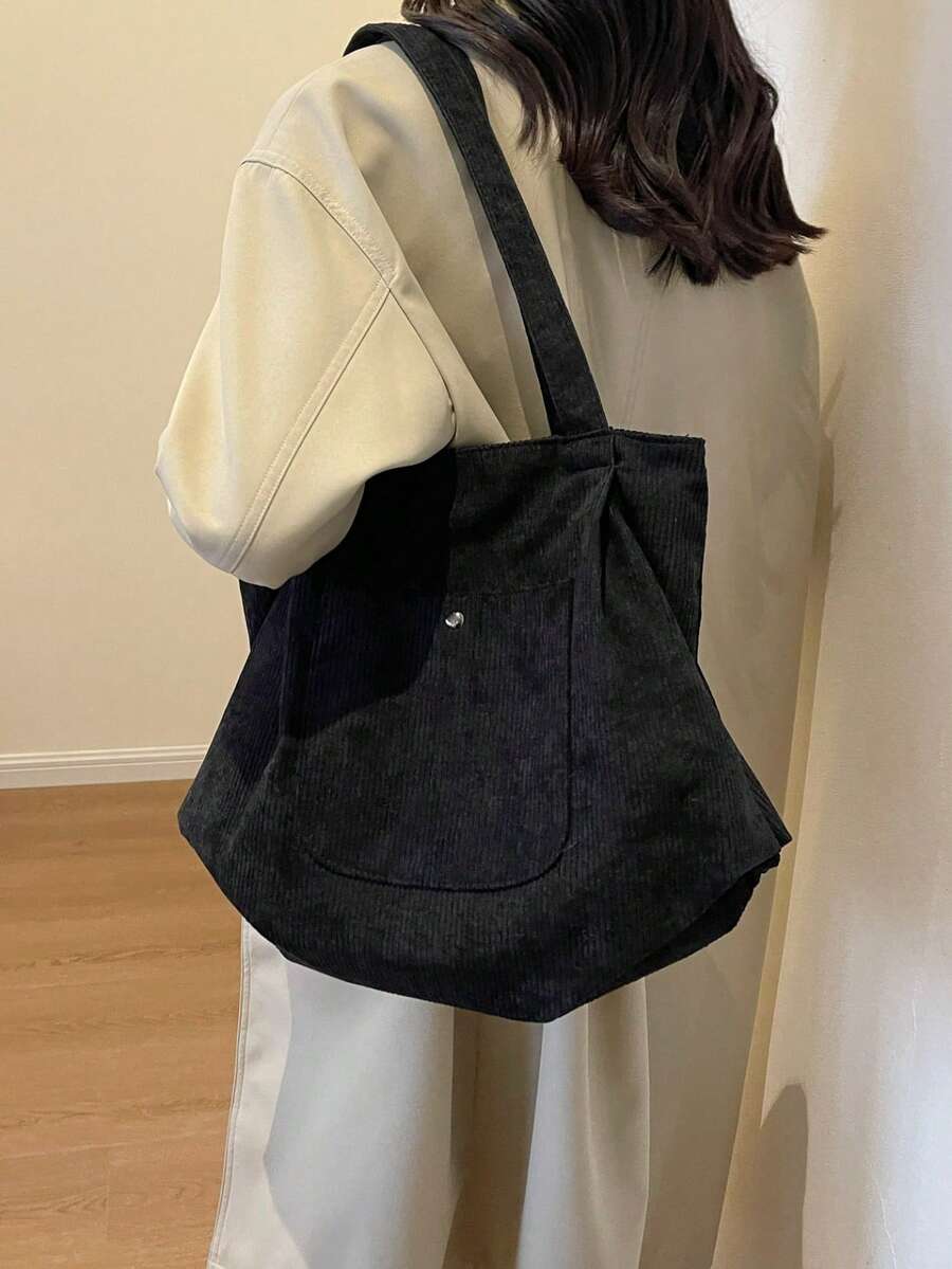 1Pc Corduroy Material Tote Bag,Women High-Capacity Handbag,Solid Color Soft Tote Bag Women's Shoulder Handbag Everyday Casual Versatile Large Capacity Commuter Bag For Daily Commute,Shopping,For S