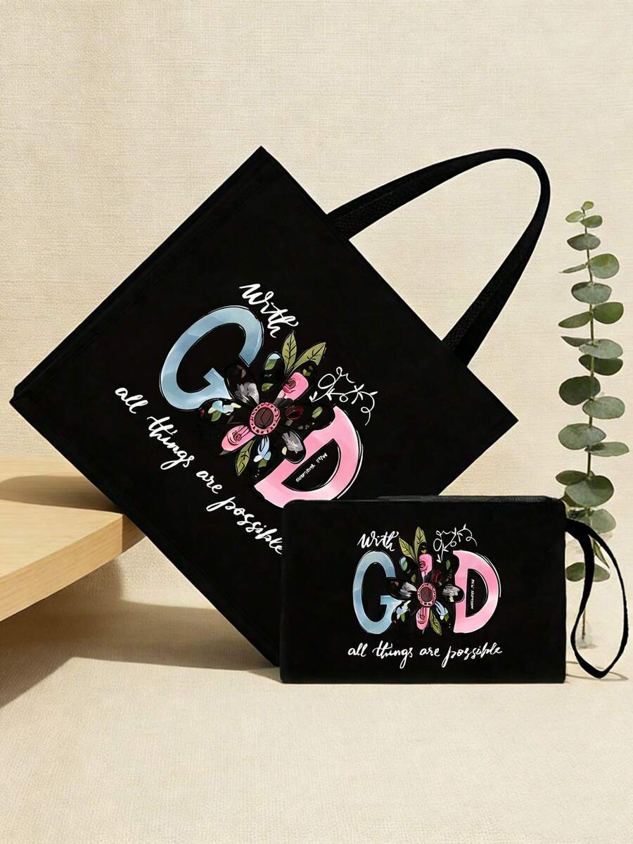 1/2pcs "Everything Is Possible" Printed Canvas Tote Bag & Pouch Set, Inspirational Canvas Bag Suitable For Daily Shopping, Carrying Essentials & Groceries, Adding Meaningful & Fashionable Accent To Yo