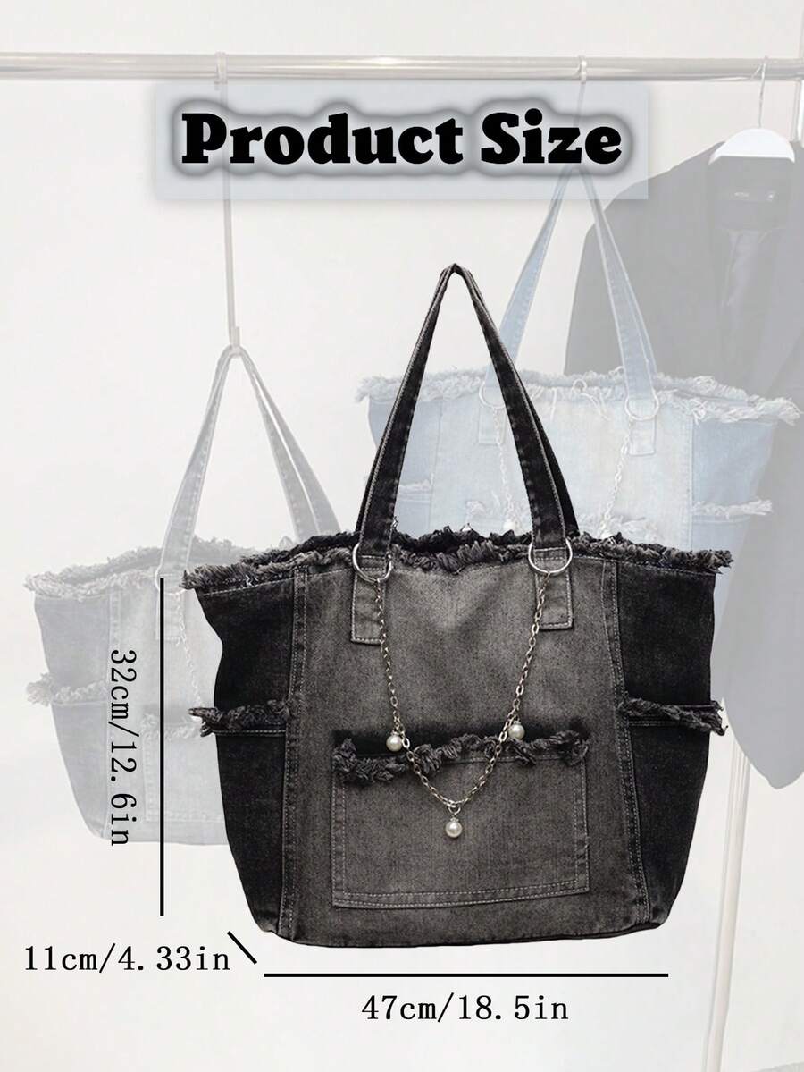 Fashion Street Chain Decorated Jeans Tote Bag Versatile Commuting Large Capacity Shoulder Bag Casual Multi-Pocket Handbag Perfect For Cow Girl
