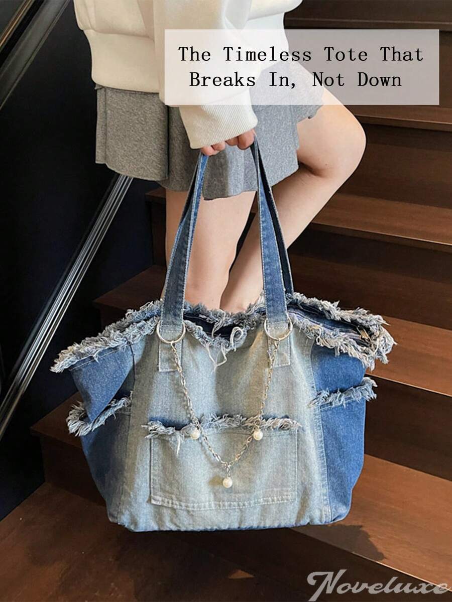 Fashion Street Chain Decorated Jeans Tote Bag Versatile Commuting Large Capacity Shoulder Bag Casual Multi-Pocket Handbag Perfect For Cow Girl