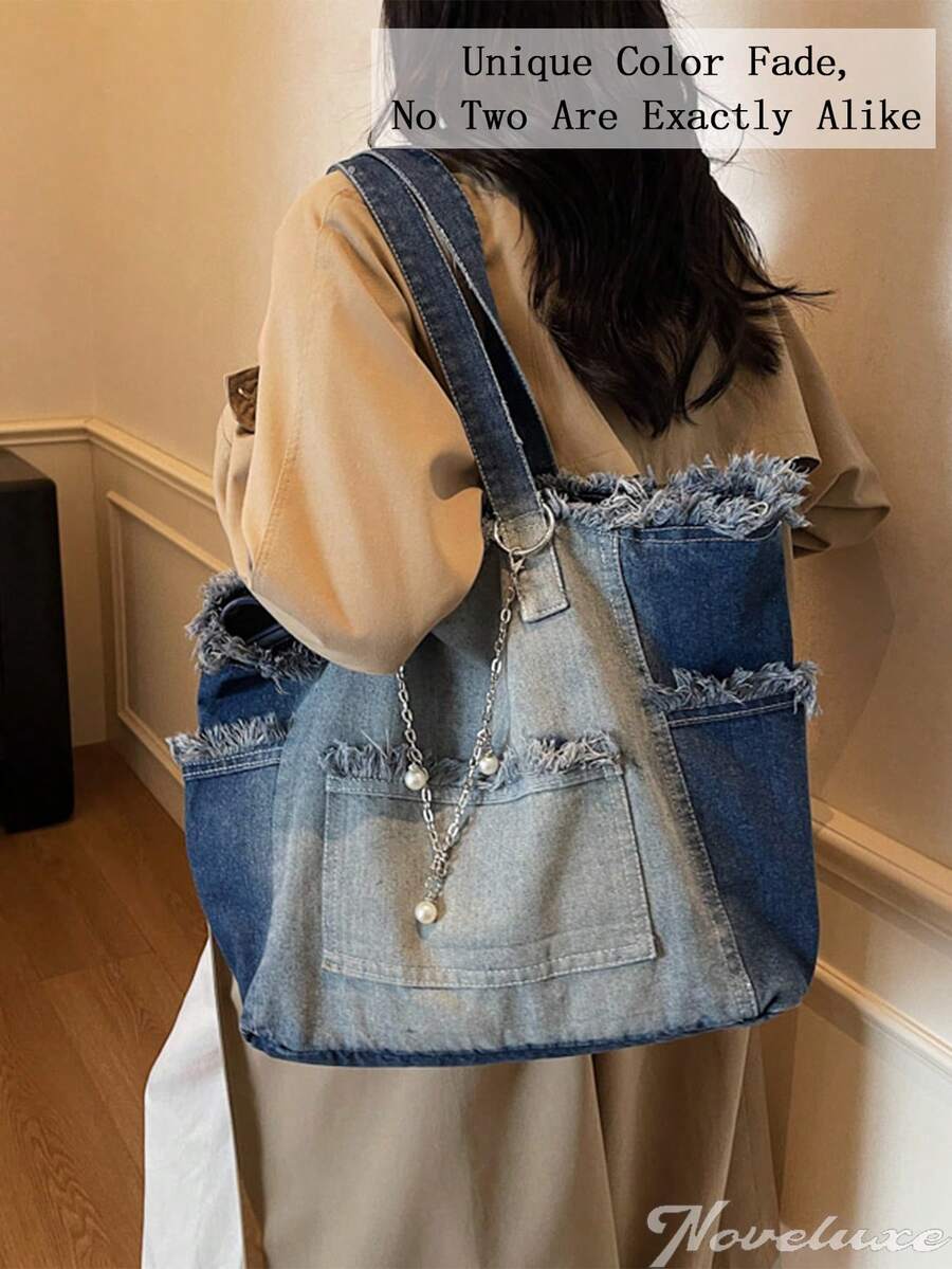 Fashion Street Chain Decorated Jeans Tote Bag Versatile Commuting Large Capacity Shoulder Bag Casual Multi-Pocket Handbag Perfect For Cow Girl