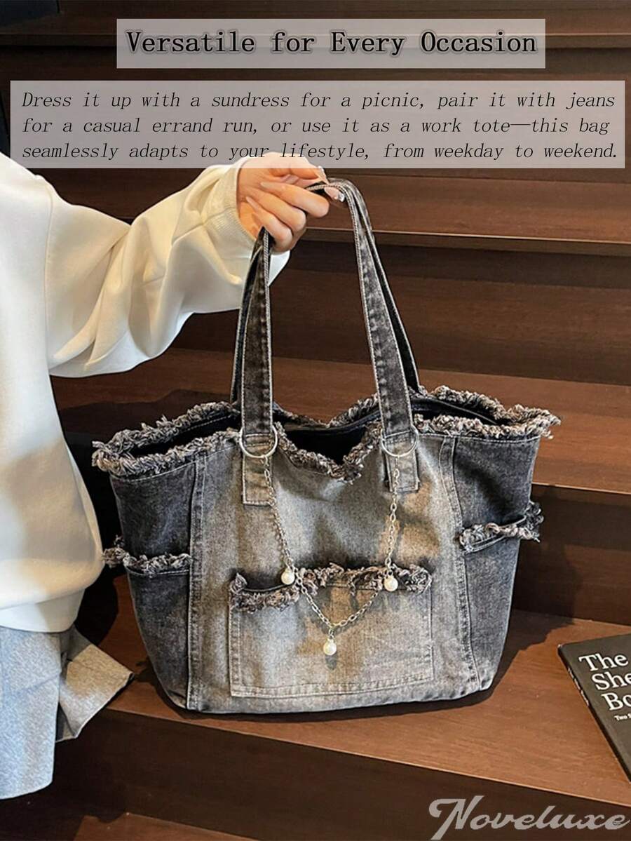 Fashion Street Chain Decorated Jeans Tote Bag Versatile Commuting Large Capacity Shoulder Bag Casual Multi-Pocket Handbag Perfect For Cow Girl