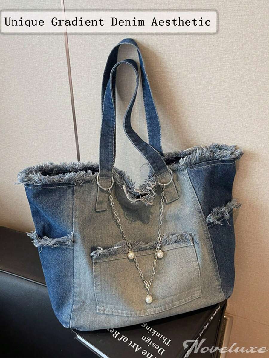 Fashion Street Chain Decorated Jeans Tote Bag Versatile Commuting Large Capacity Shoulder Bag Casual Multi-Pocket Handbag Perfect For Cow Girl