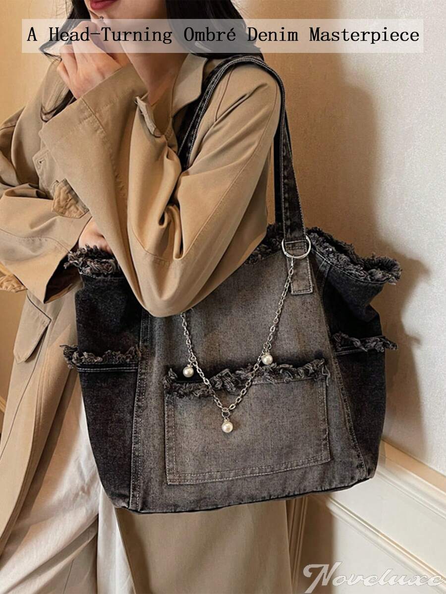 Fashion Street Chain Decorated Jeans Tote Bag Versatile Commuting Large Capacity Shoulder Bag Casual Multi-Pocket Handbag Perfect For Cow Girl