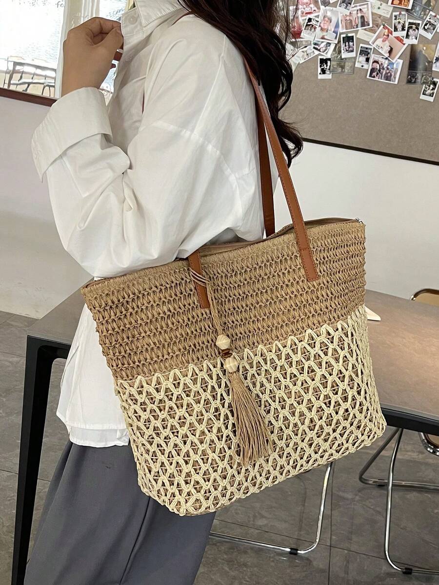 1pc Fashionable Casual Vacation Style Straw Tote Bag, Large Capacity Contrast Color Women's Shoulder Handbag, Hollow Woven Design With Tassel Decor, Lightweight Foldable With Dual Handles, Women's Wov