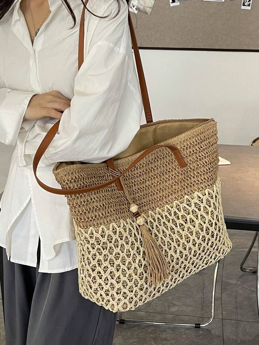 1pc Fashionable Casual Vacation Style Straw Tote Bag, Large Capacity Contrast Color Women's Shoulder Handbag, Hollow Woven Design With Tassel Decor, Lightweight Foldable With Dual Handles, Women's Wov