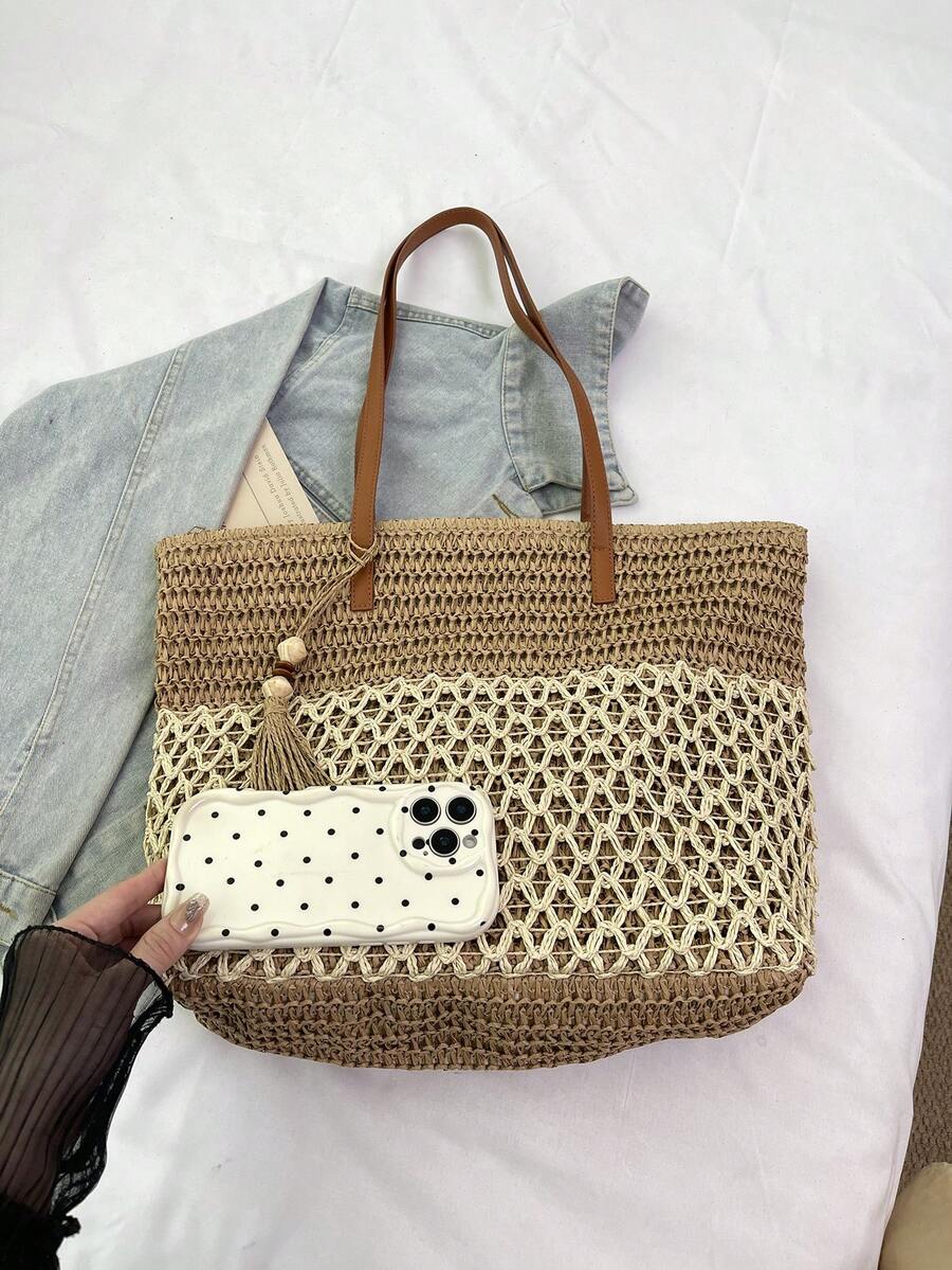 1pc Fashionable Casual Vacation Style Straw Tote Bag, Large Capacity Contrast Color Women's Shoulder Handbag, Hollow Woven Design With Tassel Decor, Lightweight Foldable With Dual Handles, Women's Wov