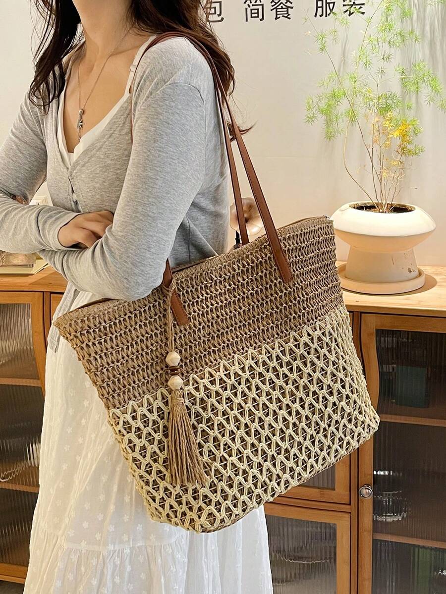 1pc Fashionable Casual Vacation Style Straw Tote Bag, Large Capacity Contrast Color Women's Shoulder Handbag, Hollow Woven Design With Tassel Decor, Lightweight Foldable With Dual Handles, Women's Wov