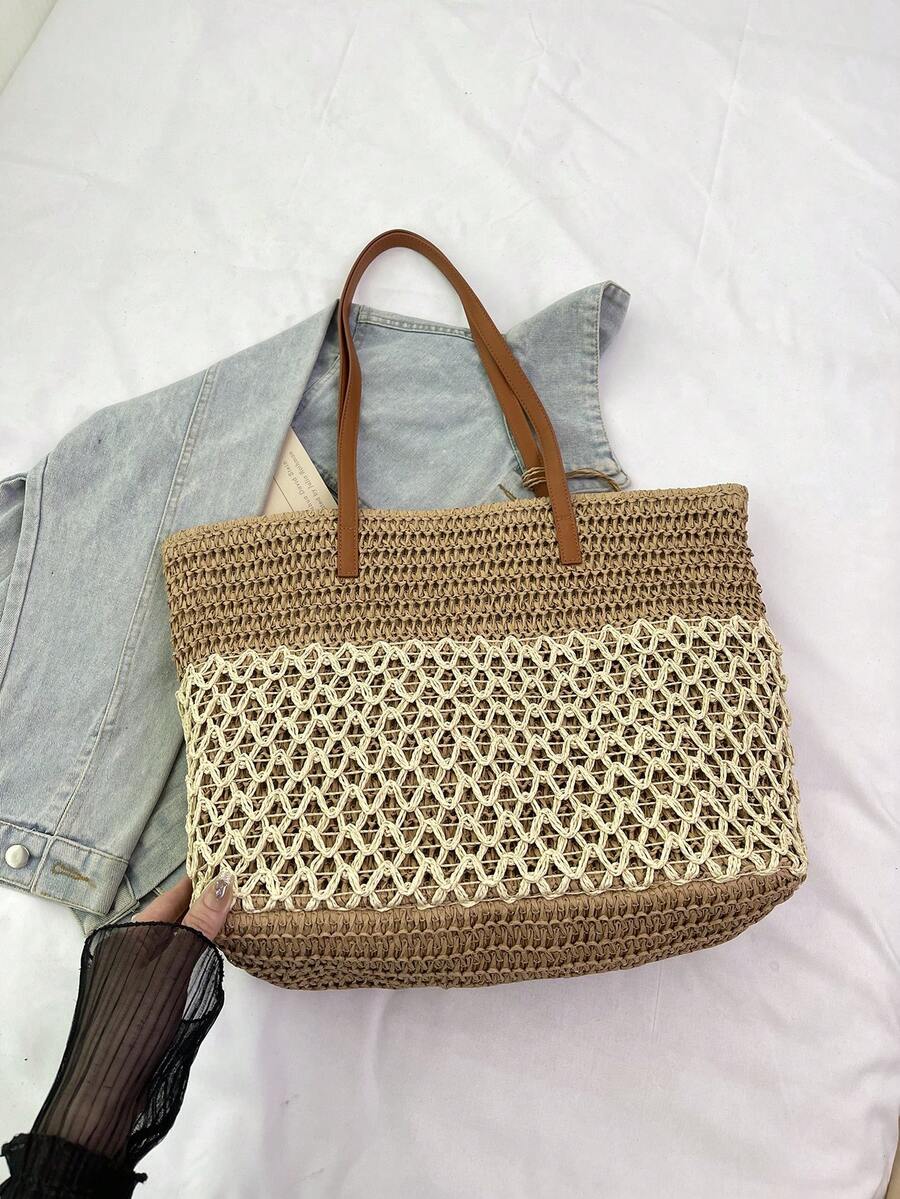 1pc Fashionable Casual Vacation Style Straw Tote Bag, Large Capacity Contrast Color Women's Shoulder Handbag, Hollow Woven Design With Tassel Decor, Lightweight Foldable With Dual Handles, Women's Wov