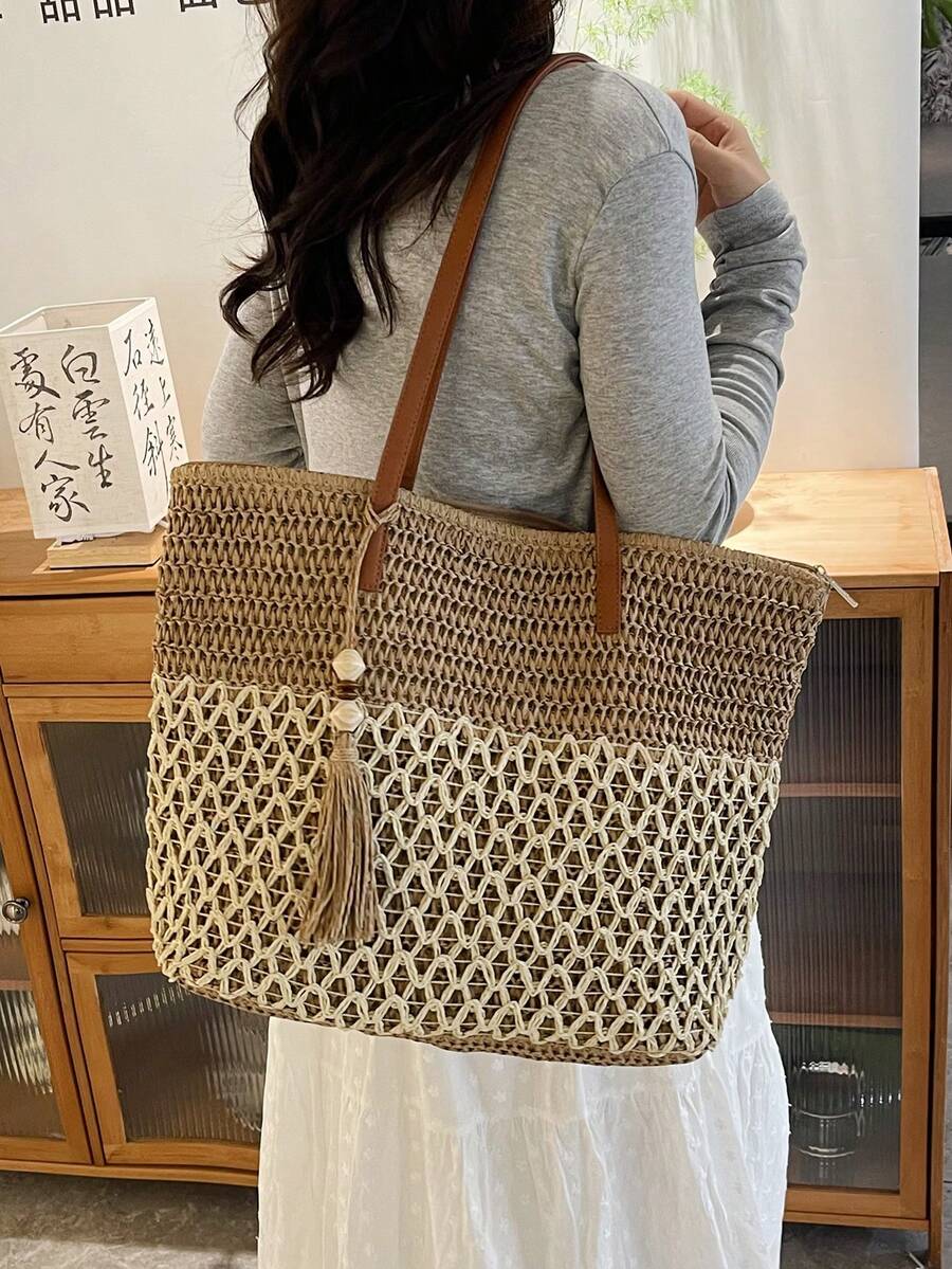 1pc Fashionable Casual Vacation Style Straw Tote Bag, Large Capacity Contrast Color Women's Shoulder Handbag, Hollow Woven Design With Tassel Decor, Lightweight Foldable With Dual Handles, Women's Wov
