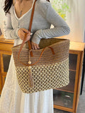 1pc Fashionable Casual Vacation Style Straw Tote Bag, Large Capacity Contrast Color Women's Shoulder Handbag, Hollow Woven Design With Tassel Decor, Lightweight Foldable With Dual Handles, Women's Wov