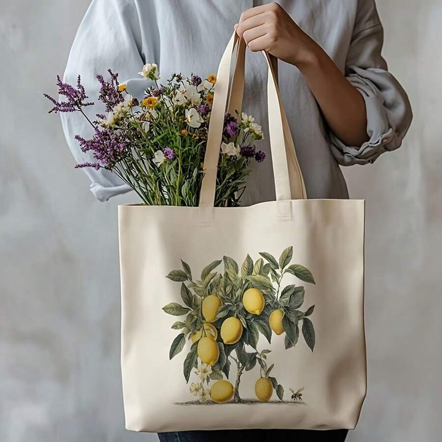 Cream Pumpkin Autumn Leaves & Flowers Tote Bag- Cream/ Handbag, Machine Washable Fall Market Bag For Shopping, Travel, & Casual Use- Elegant Seasonal Design