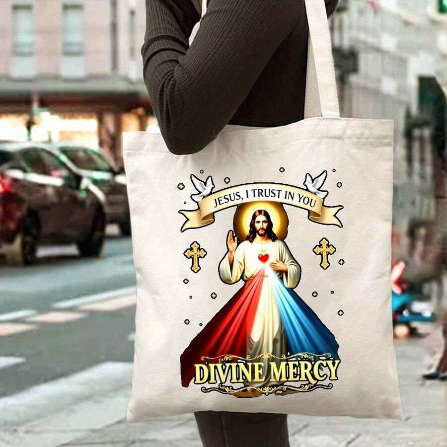 Tote Bag White Divine Mercy Print, I Trust In You Religious Design For Church, Daily Use, And Gifts, Church Accessories, Spiritual Gifts, Inspirational Print, Faithbased Artwork, Washable Fabric, Ligh