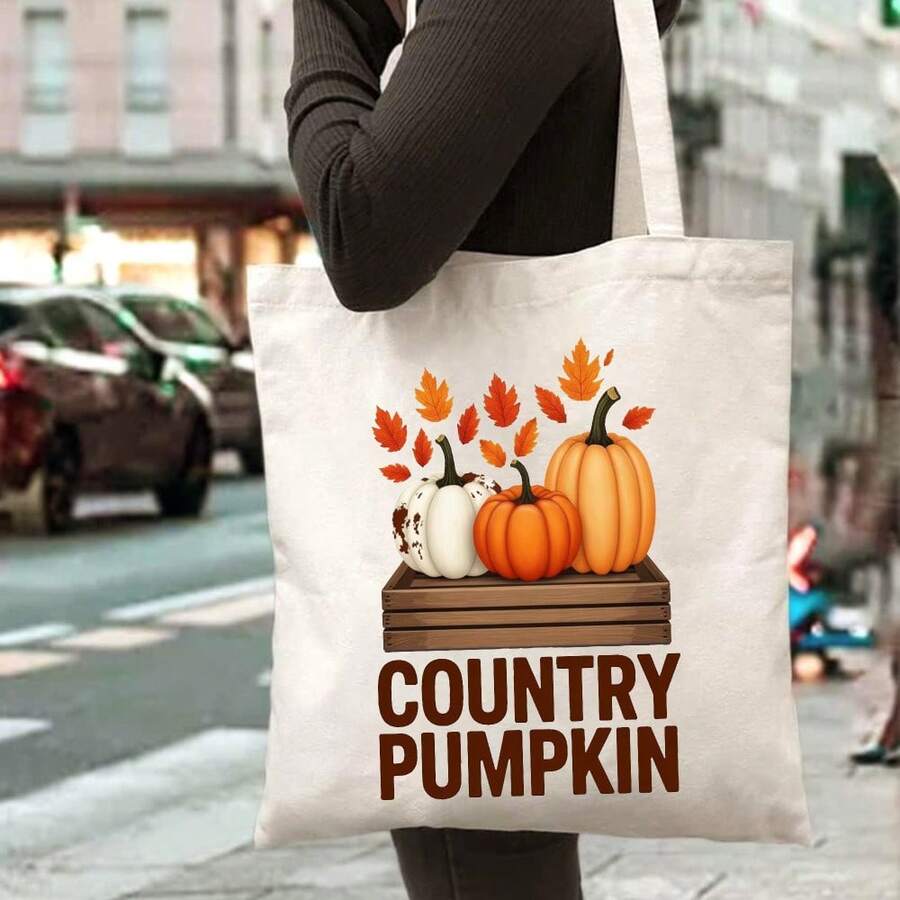 Women's Country Pumpkin Harvest Tote Bag- & Black Rustic Fall Design With Pumpkin Patch Print, Durable Beige/Black Handbag For Grocery Shopping, Farmers Market, Thanksgiving & Autumn Outfits (Pumpkin