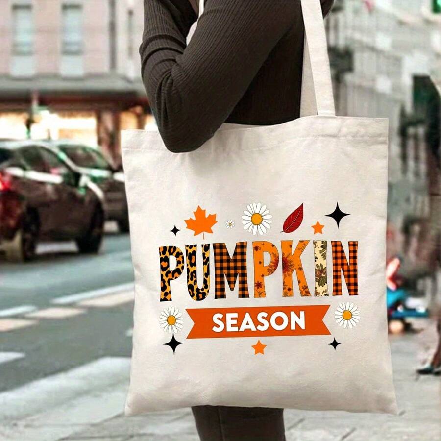 Cream Pumpkin Autumn Leaves & Flowers Tote Bag- Cream/ Handbag, Machine Washable Fall Market Bag For Shopping, Travel, & Casual Use- Elegant Seasonal Design