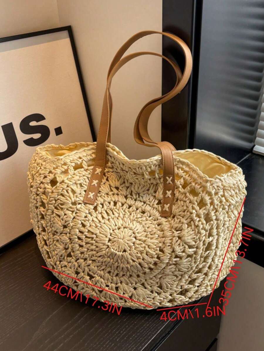 Classic Woven Bag Women's Round Beach Shoulder Bag, Women's Straw Woven Bag, Crossbody Bag, Handbag, Beach Essential, Beach Necessity, Beach Supplies And Summer Essential, Summer Vacation Bag, Holiday