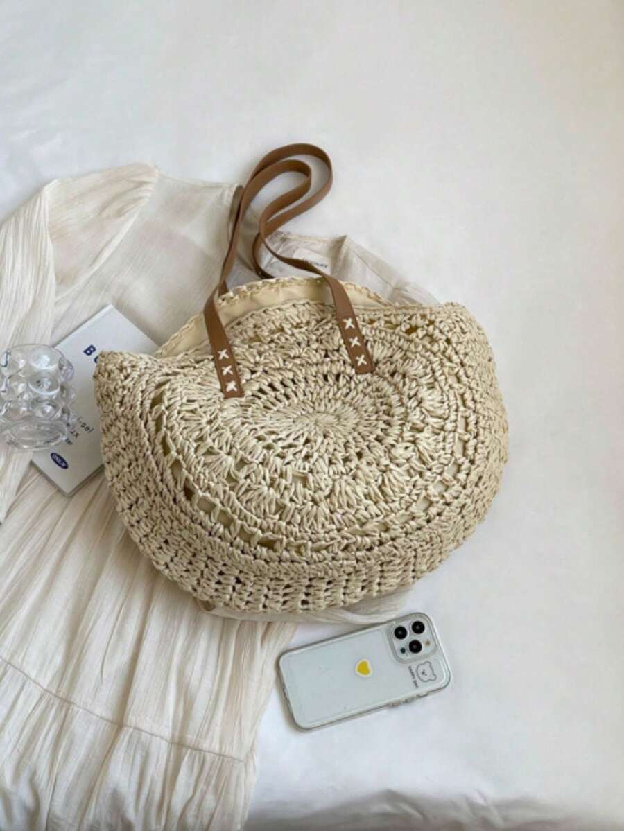 Classic Woven Bag Women's Round Beach Shoulder Bag, Women's Straw Woven Bag, Crossbody Bag, Handbag, Beach Essential, Beach Necessity, Beach Supplies And Summer Essential, Summer Vacation Bag, Holiday