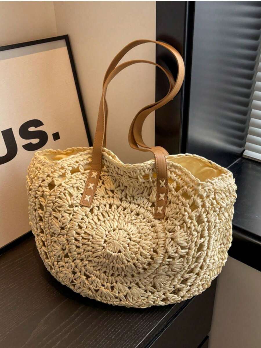 Classic Woven Bag Women's Round Beach Shoulder Bag, Women's Straw Woven Bag, Crossbody Bag, Handbag, Beach Essential, Beach Necessity, Beach Supplies And Summer Essential, Summer Vacation Bag, Holiday